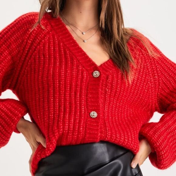 Jessica Simpson Red Cropped Wool Cardigan with Rhinestone Buttons Size Medium - Picture 2 of 14